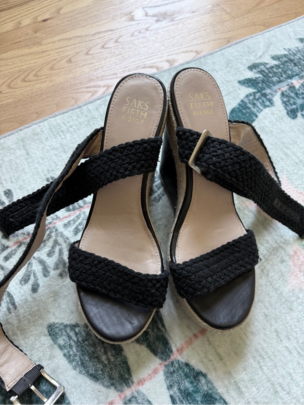 Saks Fifth Avenue Black Braided Wedge Sandals with Ankle Strap